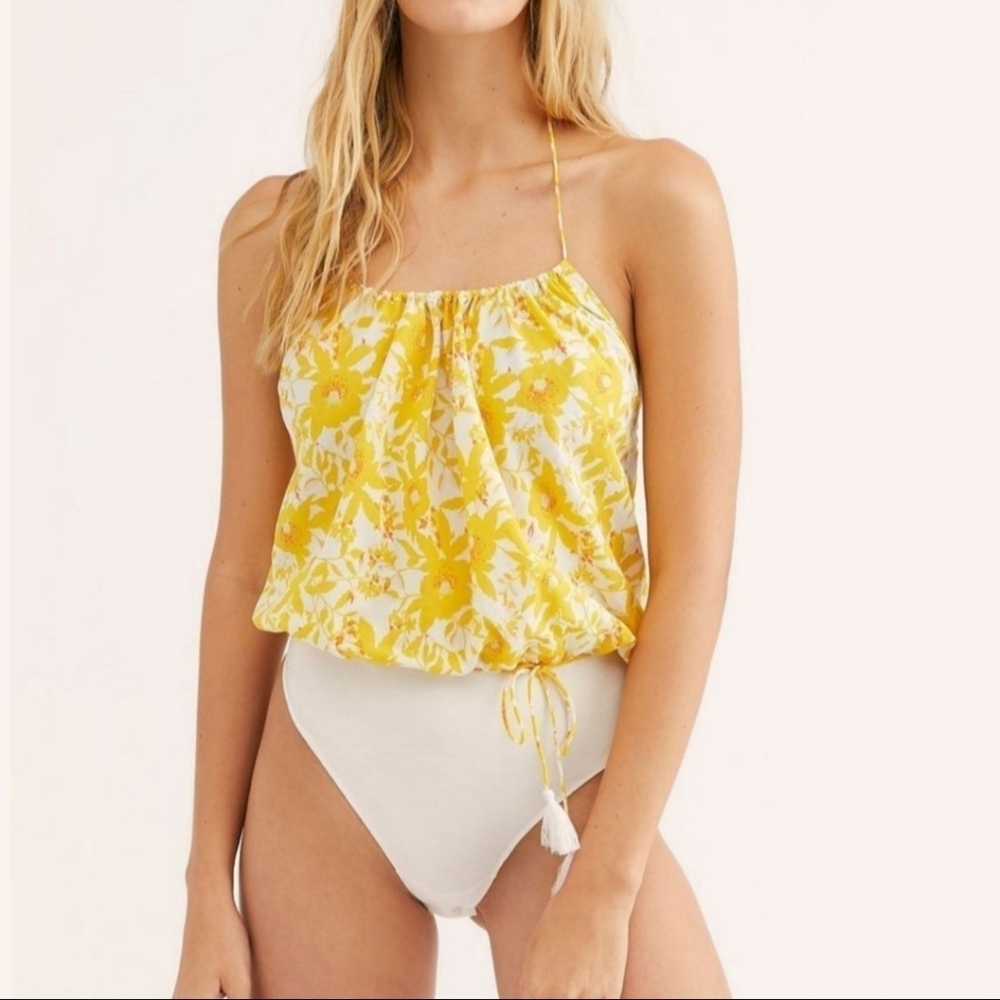 Free People Intimately Revolve Liza Yellow & White Floral Print Halter Bodysuit